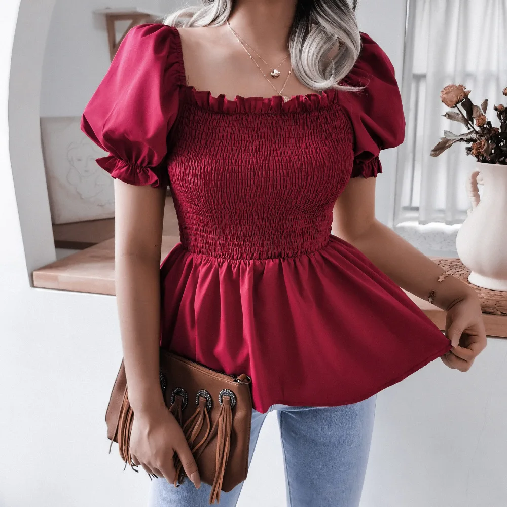 Women's Square Neck Puff Sleeve Blouse - Smocked Bodice Ruffle Peplum Hem Casual Tops for Daily Wear