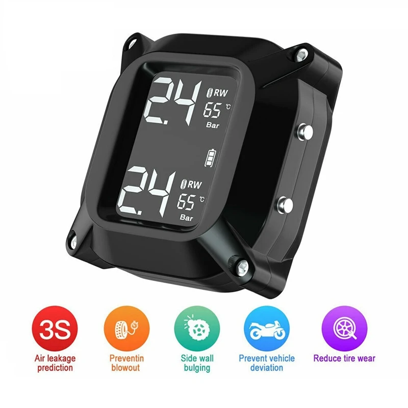 Motorcycle Tpms Wireless Tire Pressure Temperature Monitoring System Lcd Screen USB Quick Charge With 2 External Sensors