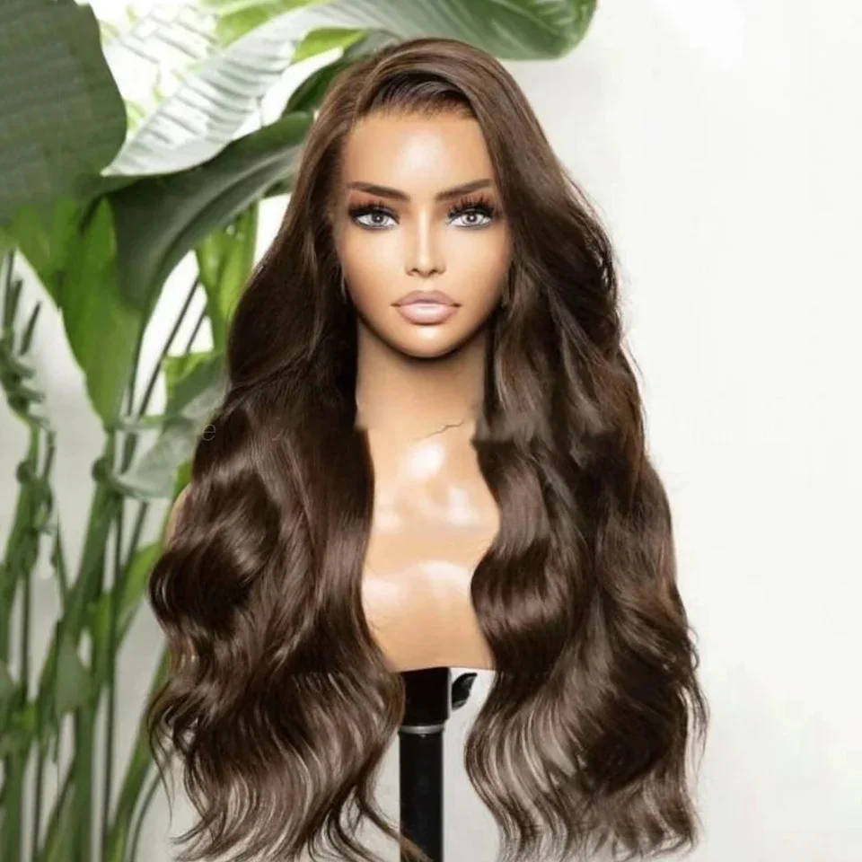 Brown 26nch Body Wave Super Soft Natural Hairline Lace Front Wig 180Density Synthetic Glueless Daily Heat Resistant