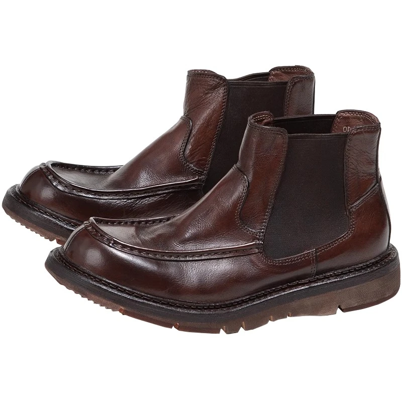 British Chelsea Boots Men's Shoes Thick Soled Genuine Leather Washed Vegetable Tanned High Top Casual Sport Hiking Boots Male