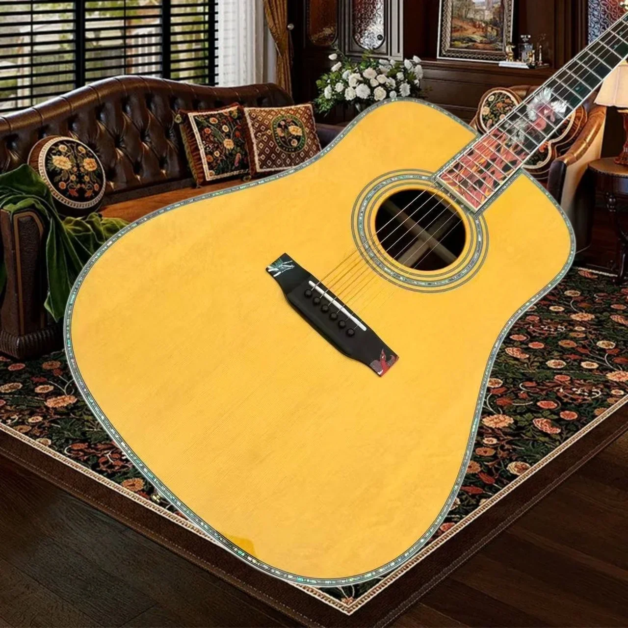 Martin Style Ice Fire Acoustic Guitar Featuring Intricate Mother Pearl Inlays Fingerboard Abalone Bridge Binding Indian Rosewood