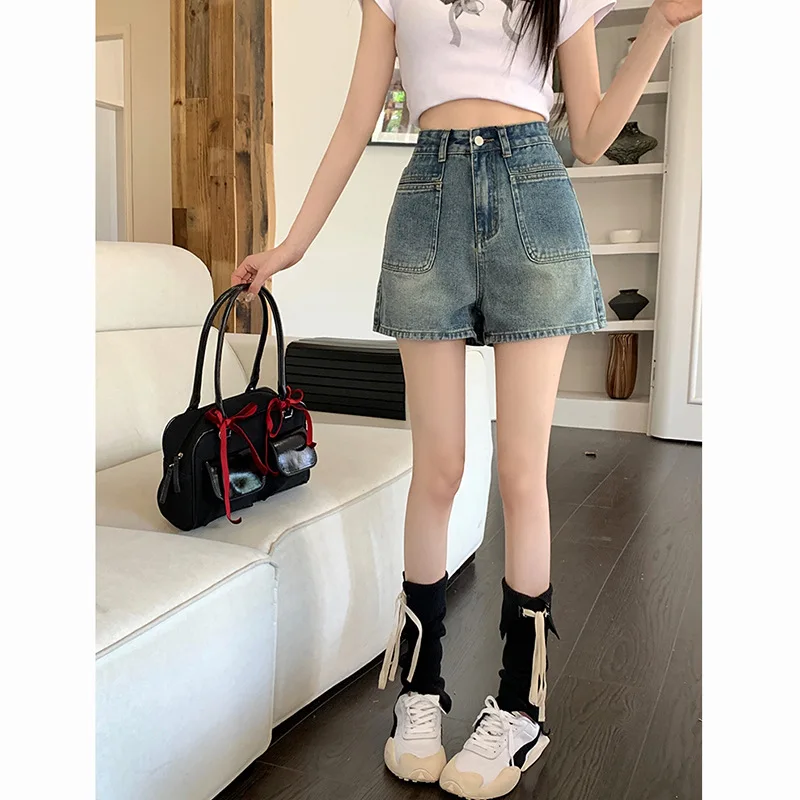 

2025 Blue High Waist Wide Leg Denim Jeans Women's Spring Summer New Design A- Line Loose Slimming Versatile Fashion Hot Pants