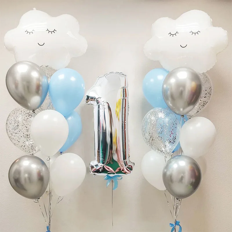 20pcs White Cloud Number Foil Balloons 1st Birthday Party Decorations Kids Boy 1 2 3 4 5 6 7 8 9 Year Old Baby Shower Supplies