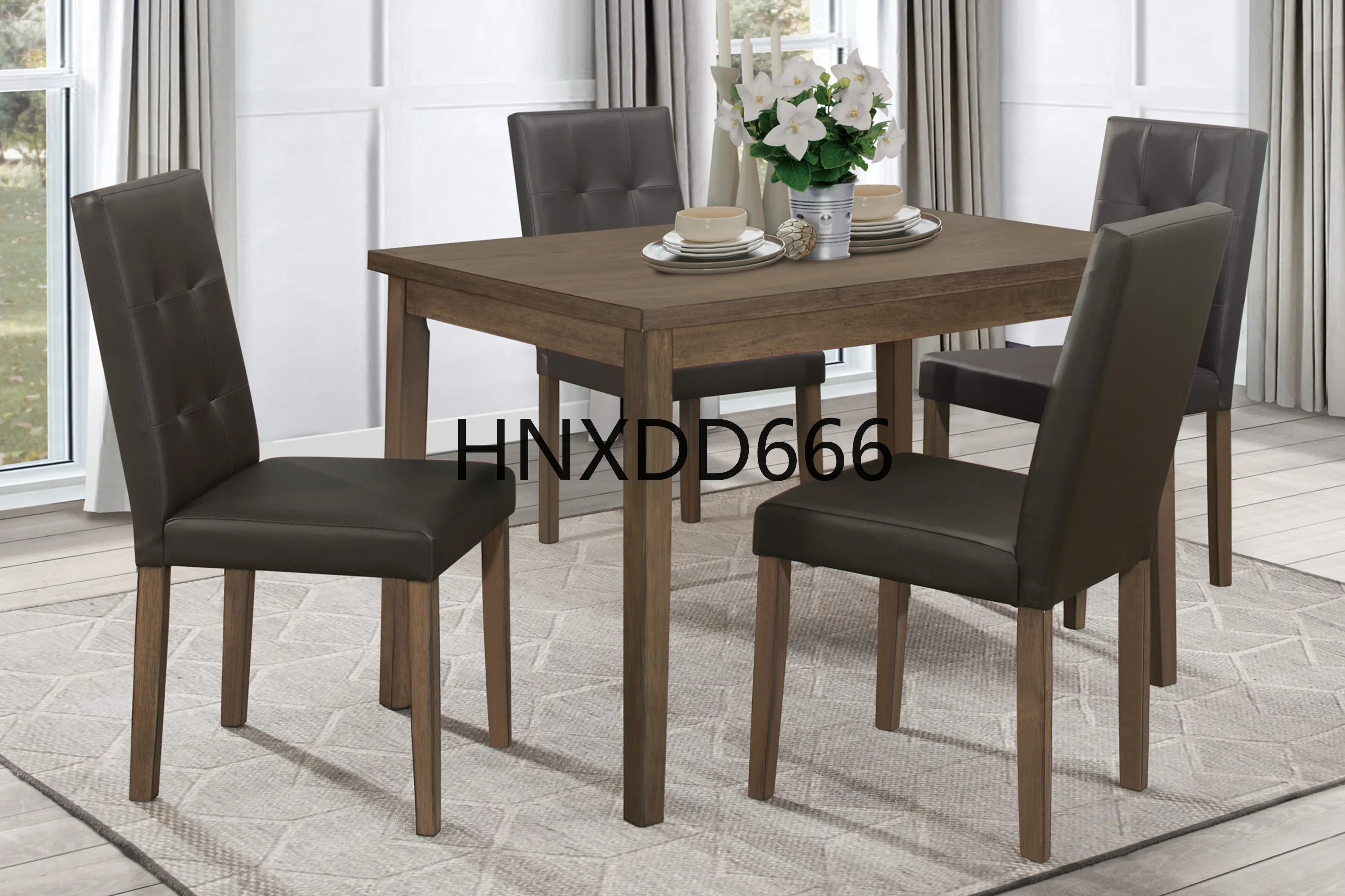 Walnut Brown Finish 5pc Dining Set Rectangular Table and 4 Side Chairs Tufted Upholstered Seat Back Wooden Kitchen Set Dining Ro