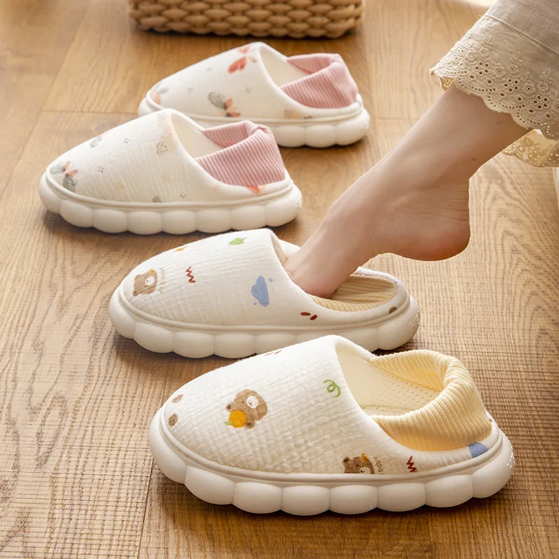 Winter Slippers Women Outdoor Wear Soft Breathable Home Cotton Indoor Postpartum Shoes Non-slip Floor Flat Cute Cartoon Slipper