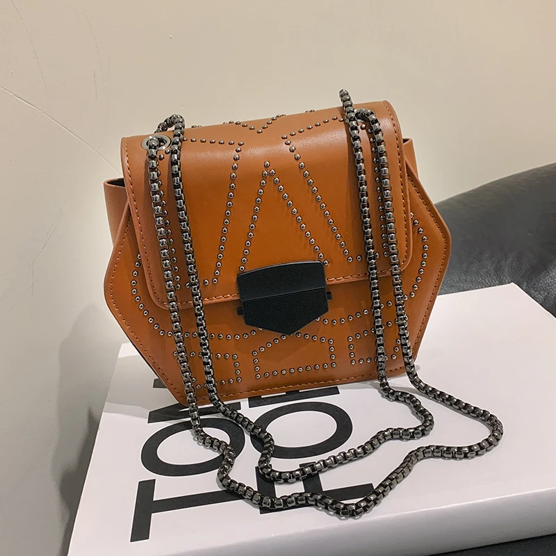 

Hexagon Mulit Style Pu Leather Handbag Black Brown bolsa feminina Luxury Rivet Chain Crossbody Bag Ladies Designer Shoulder Bags