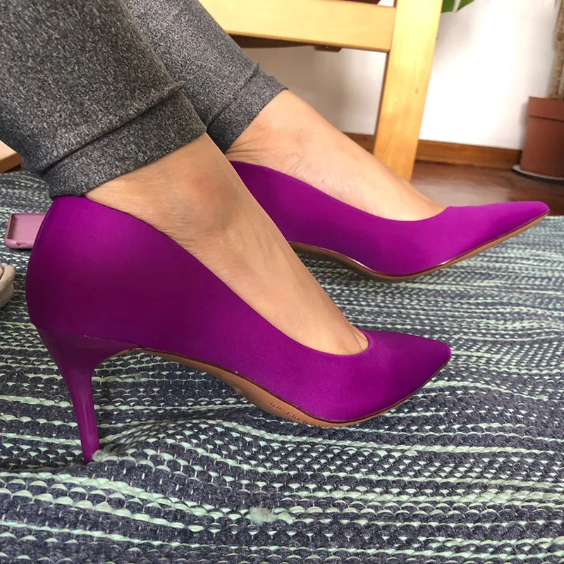 Women 7.5cm 10.5cm High Heels Scarpins Silk Pumps Lady Green Purple Red Fetish Wedding Bridal Mid Low Heels Evening Party Shoes