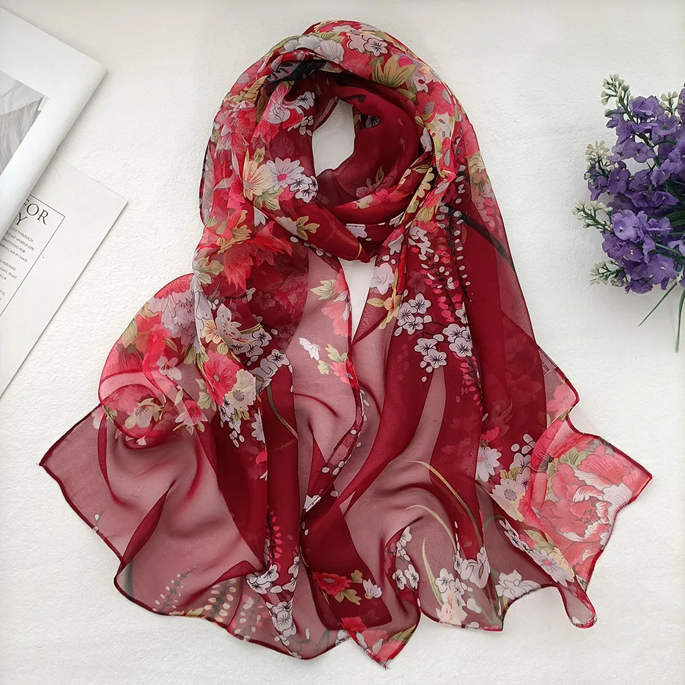 Women Foulard Elegant Chiffon Georgette Scarf Plum Bossom Summer Bandana Travel Sunscreen Thin Breathable