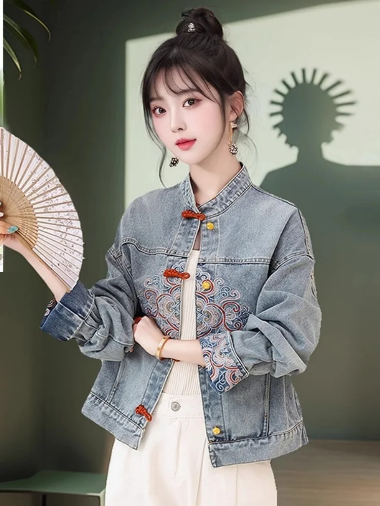 جديد الصينية Sle المطرزة الدنيم Jaet المرأة ربيع الخريف أعلى أزرار كيتس مستقيم قطع ort معطف لا