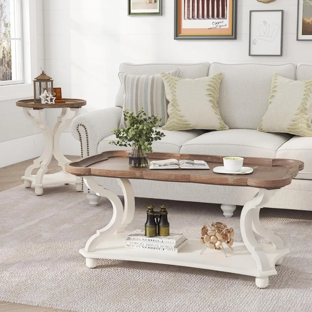 Farmhouse Coffee Table, Rustic White Cocktail Table with Storage Shelf, Sofa Table with Natural Tray Top and Carved Legs for Li