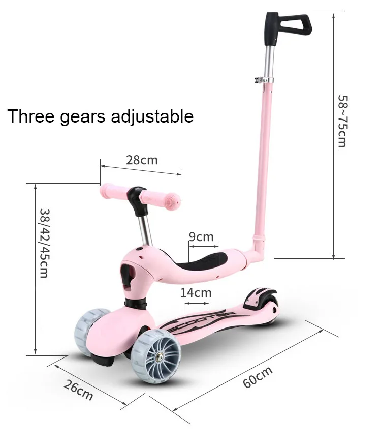 Scooter dobrável com rodas de flash para crianças, altura ajustável, 3 em 1, 2 a 12 anos Kids