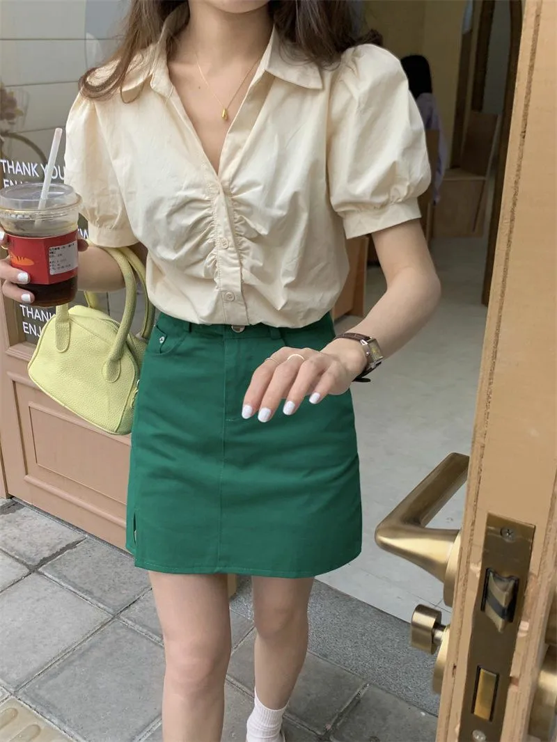 

Рубашки женские из смеси хлопка с пышными плечами, свободная посадка для кофейни, модная блузка в стиле ретро для молодых женщин, повседневная универсальная блузка для прогулок