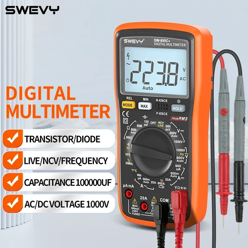 Multímetro Digital SWEVY Serie 890 True RMS con Auto-Rango, NCV/LIVE, Transistor de Gran Capacitancia 100000uF, hFE, Temperatura, 20A