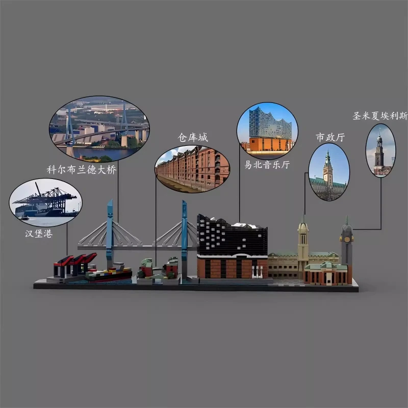 MOC – blocs de construction avec vue sur la rue, le plus grand Port d'allemagne, horizon de hambourg, Architecture urbaine, modèle de jouets pour enfants, cadeau de Collection pour adultes