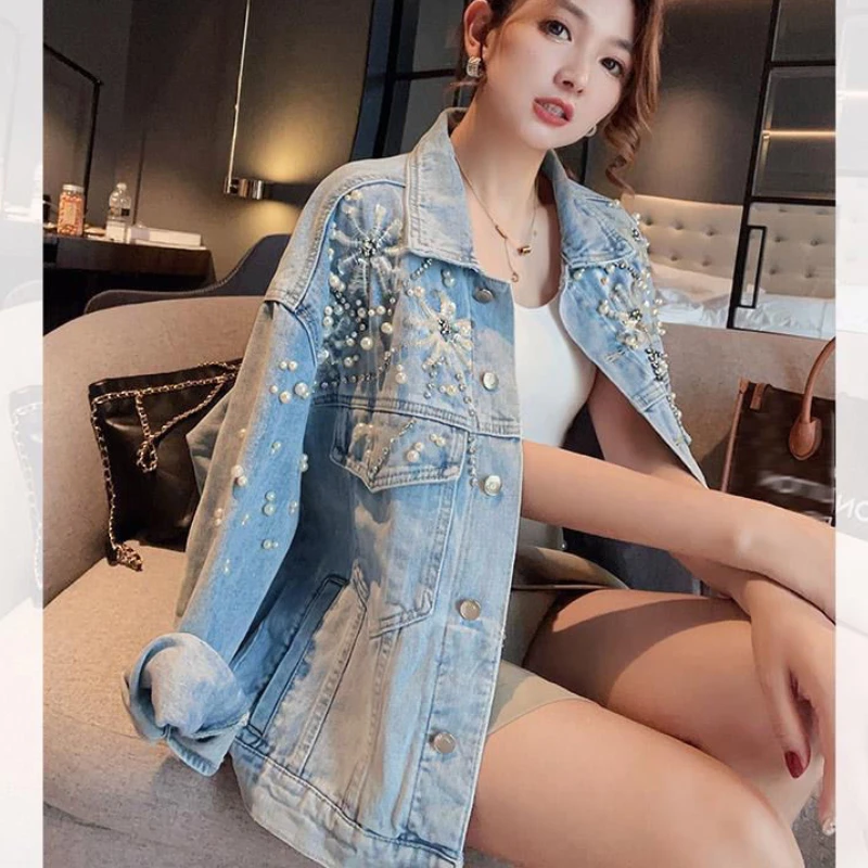 Luxury Women Pearls Beaded Denim Coat Diamond-studded Jeans Jacket Long-sleeved Casual Spring Cardigan Tops Streetwear chaqueta