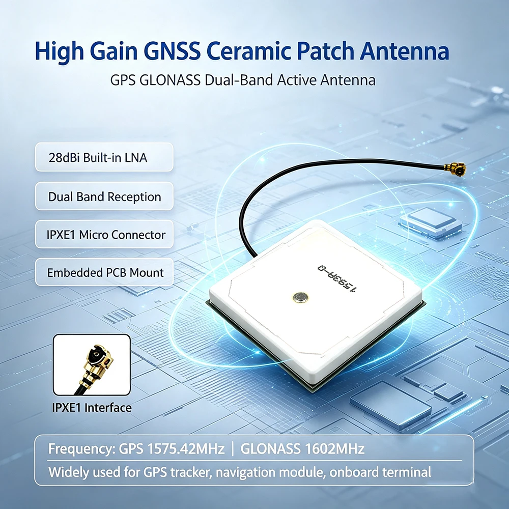 Ceramic Patch Antennas 28dBi with LNA for GPS Tracker GLONASS Dual-Band IPX-1 Connector Embedded PCB Mount