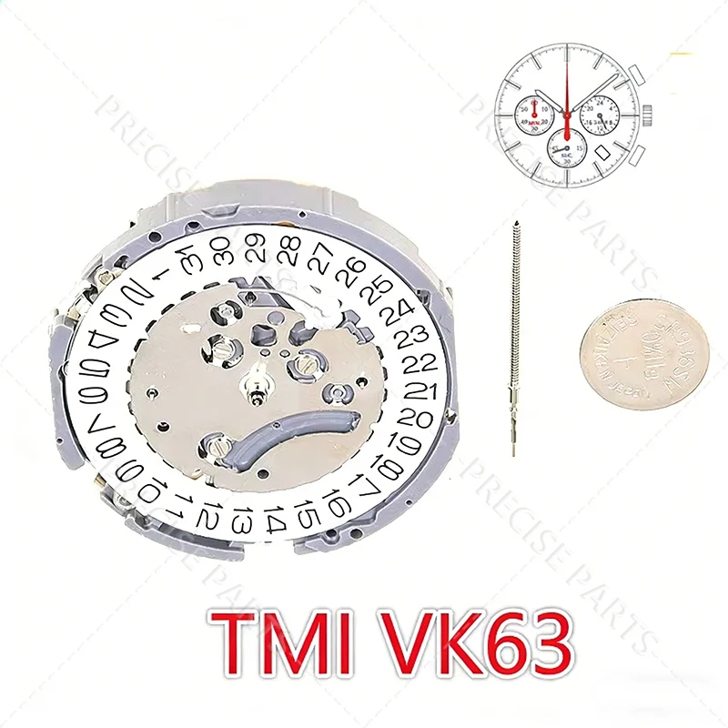Механизм TMI Vk63, японский кварцевый механизм, три стрелки с тремя индексами и датой, малый хронограф, секундная и минутная стрелки, 24-часовой формат, Vk63