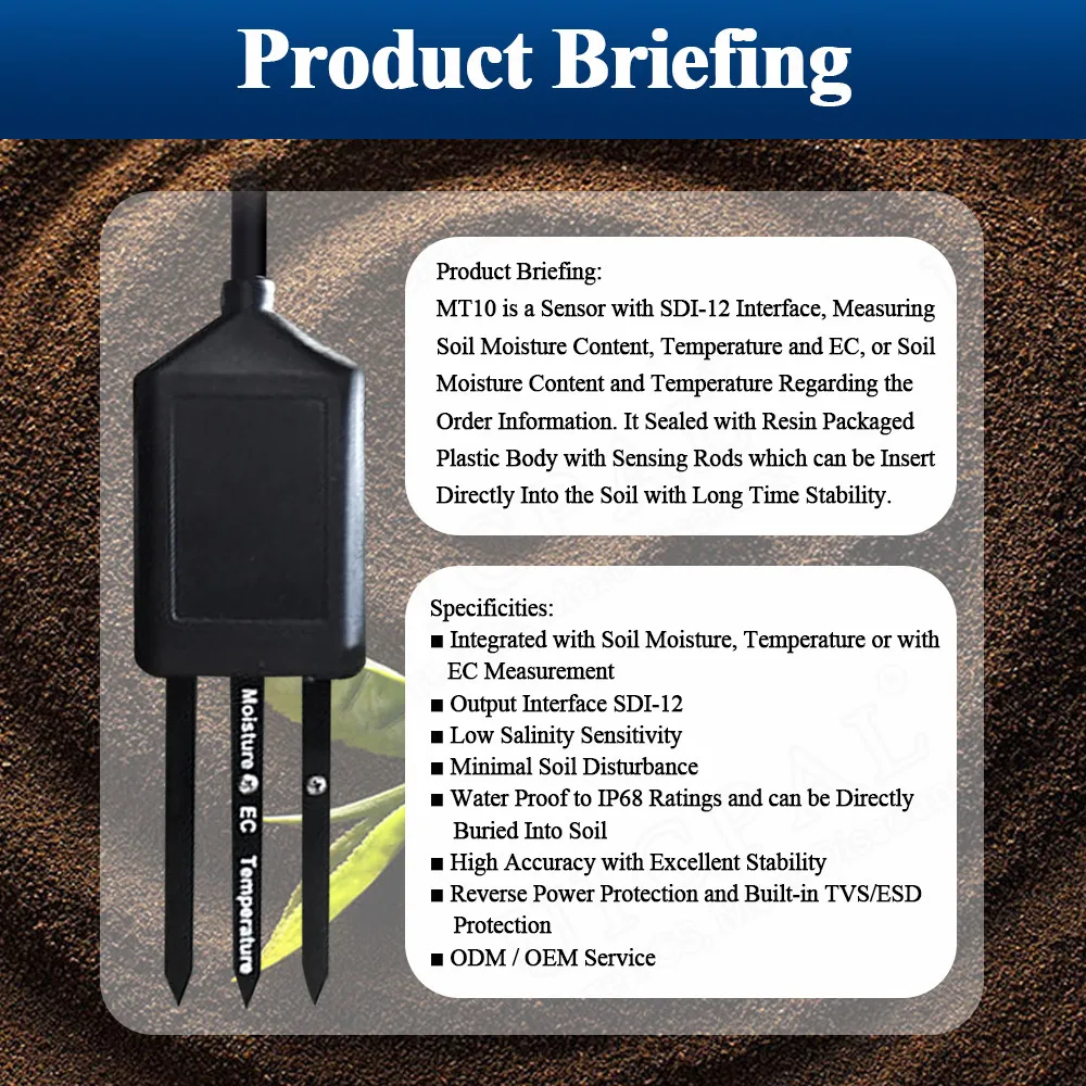 MT10 Soil Sensor Module Temperature Moisture EC Conductivity Detection RS485 MODBUS RTU SDI-12 5M Cable Probe Transmitters IP68