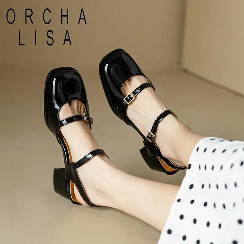 

ORCHA LISA Design Женские сандалии с квадратным носком на блочном каблуке 6 см с двойной пряжкой и ремешком, однотонная женская обувь для свиданий, большие размеры 45 46