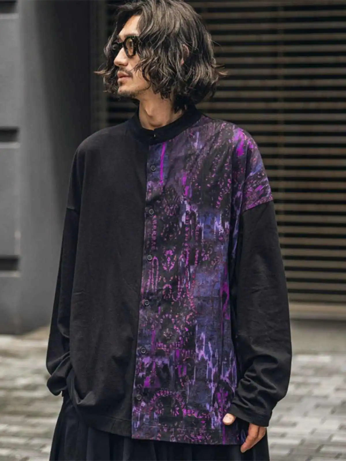 

YOJI OOAK Japanese original design dark style loose front short back long patchwork printed pattern shirt