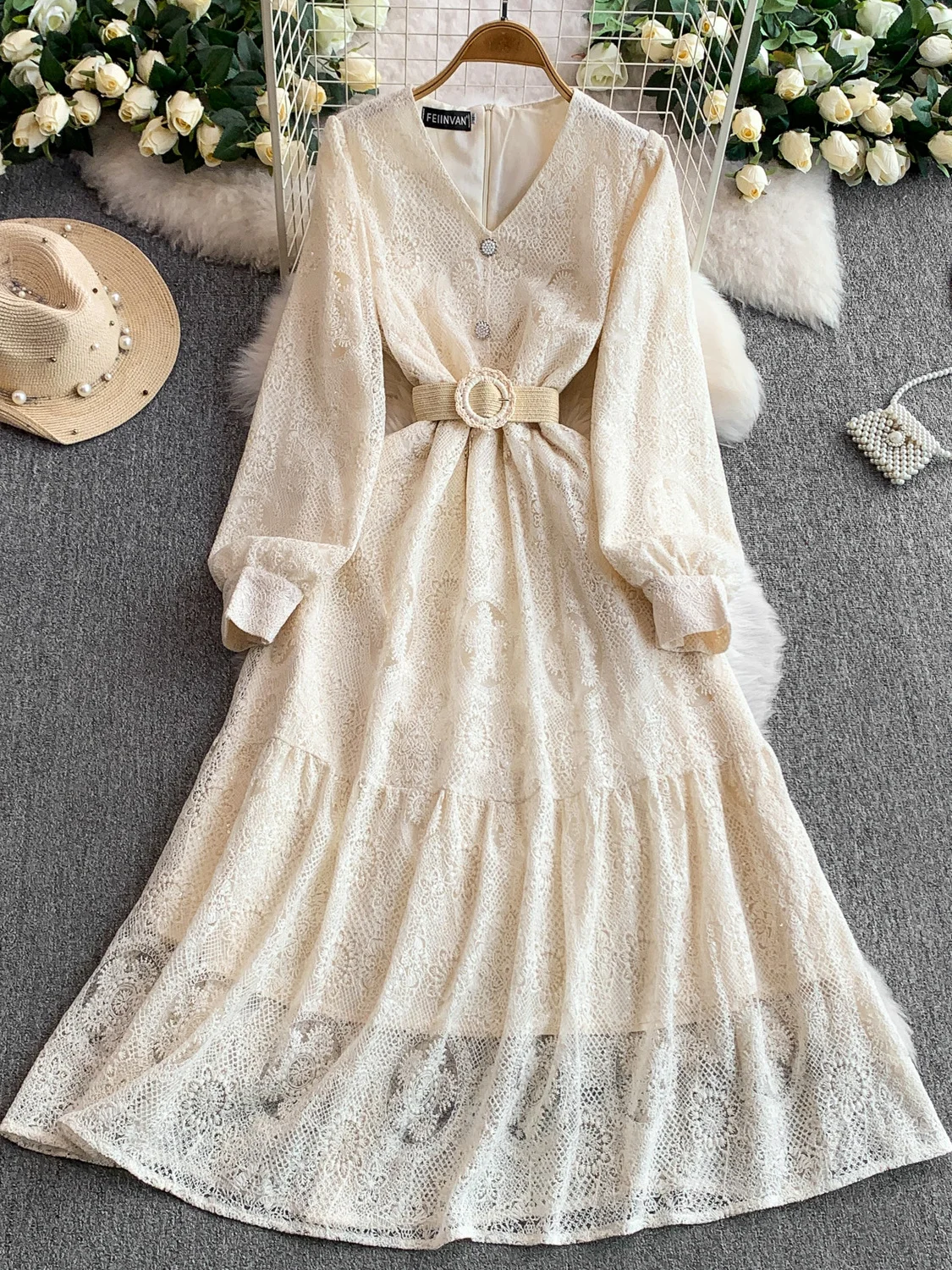 Ele V-ne Geborduurde Lange Dr Dames Lente Herfst Knop Tie Taille Afslankjurk Franse Sle Pailletten Hoge Taille