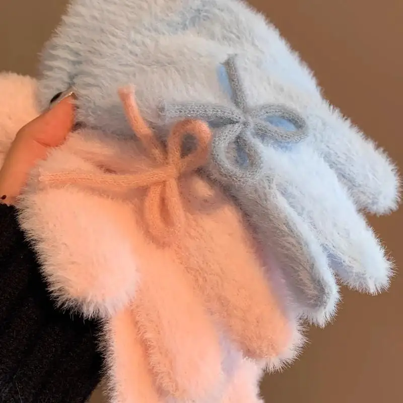 

Outdoor Plush Cute Butterfly Knot Knitted Gloves For Women In Winter, Anti Freeze Cycling Warmth Gloves Five-finger Gloves