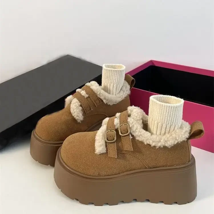 أحذية شتوية نسائية سميكة القاع مبطنة بالصوف مغطاة بالكامل بتصميم عتيق أحذية قطنية مريحة ونعل مطاطي وكعب مسطح #5