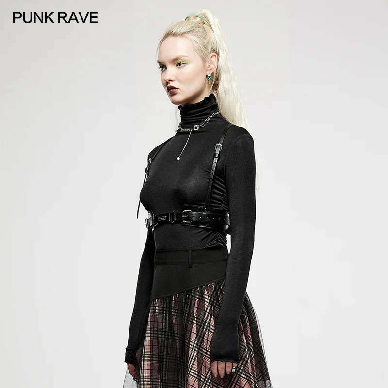 PUNK RAVE Women\'s Punk Double Leather Heavy Adjustable Duty Strap Personality Cool Accessory Sexy Novelty Black Belt