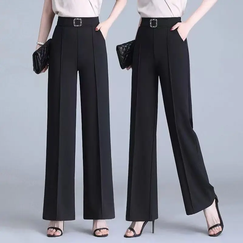 Elegant Fashion Office Lady Belt Straight Suit Trousers Women 2023 Spring Summer High Waist Pockets All Match Wide Leg Pants 4XL