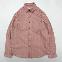 May Khaki Japanese vintage youth tooling shirt full cotton color striped loose long-sleeved shirt for men