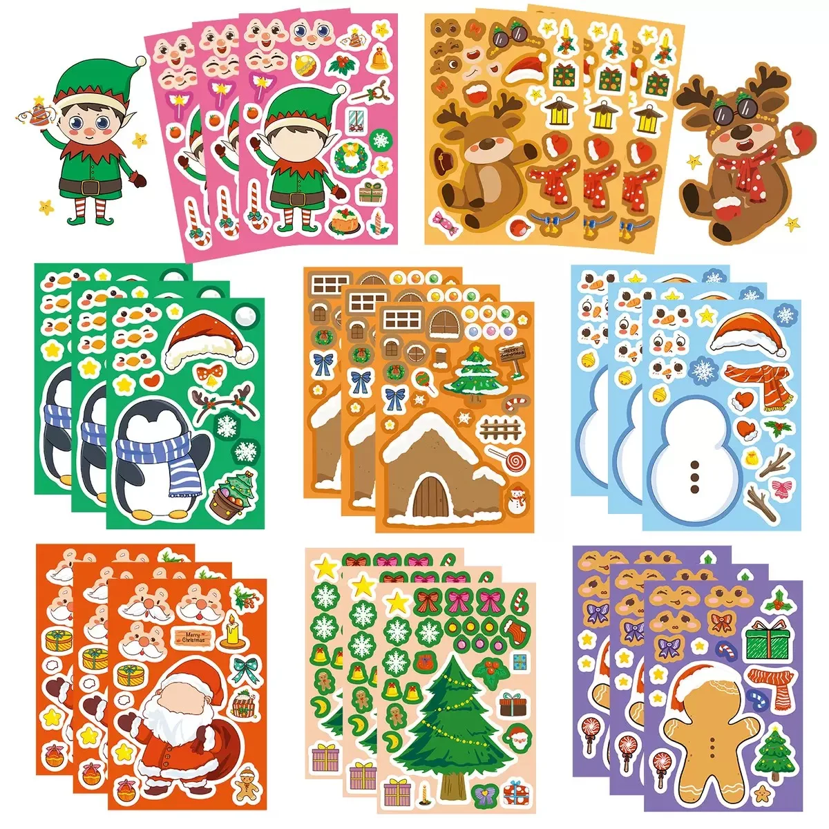 

8/16/24Sheets Merry Christmas Make a Face Puzzle Stickers DIY Decoration Kid Party Gifts Cartoon Jigsaw Assemble Game Boys Girls