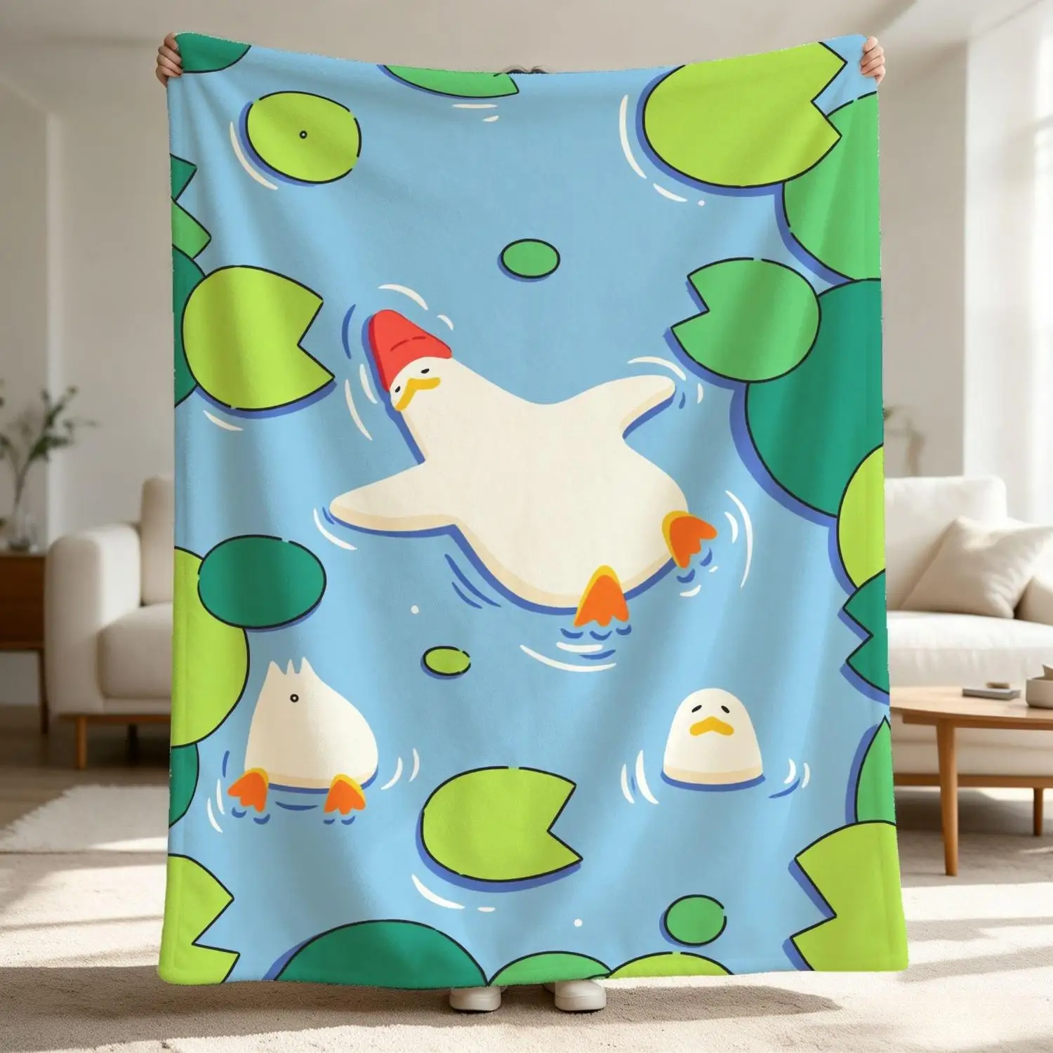 [Flannel Blanket] Duck Blanket, Comfortable Cartoon Pond Pattern, a Must-Have for the Living Room, a Cute Gift for Animal Lovers