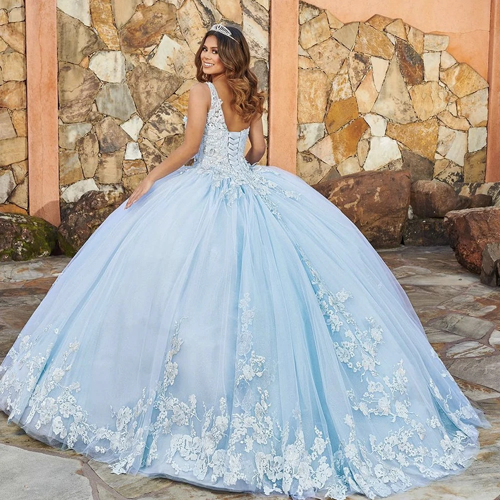 Luxurious One Shoulder Backless Applique Party Ball Gown Elegant Sky Blue Quinceanera Dresses Layered Chiffon Lace Dress