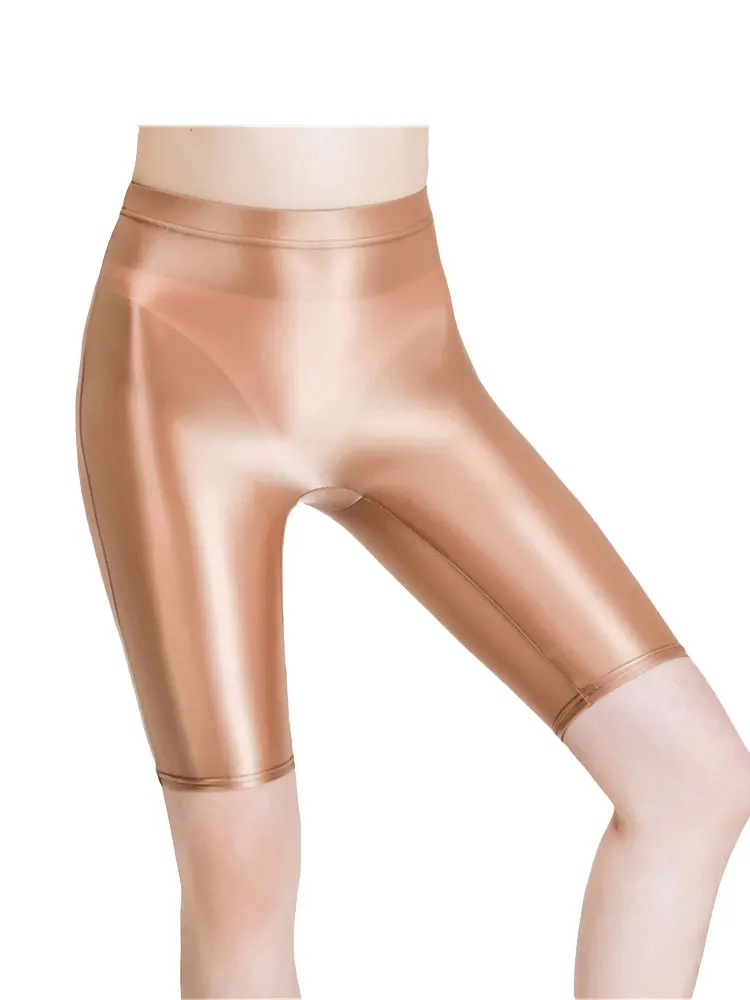 Women Oil Shiny High Waist Shorts Sheer See Through Candy Color Elastic Shorts Sexy Tight Slim Knee-Length Bottoms Dance Wear