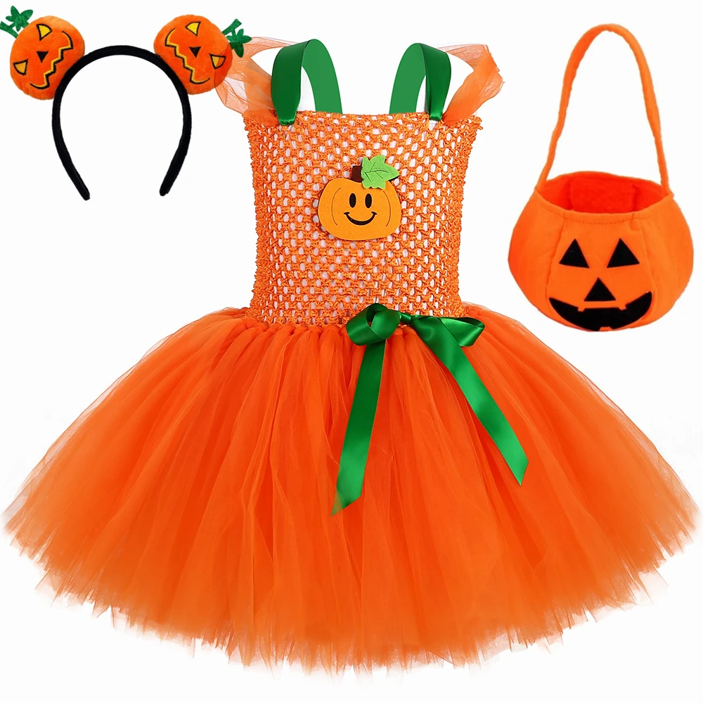 Toddler Girl Tulle Party Dress - Girls Halloween Pumpkin Costume for Kids