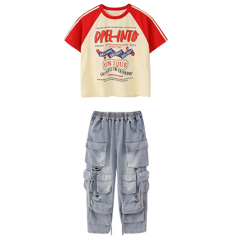 Hip Hop Mädchen Kleidung Kinder Jazz Street Dance Kostüm Meter Rot T Shirt Denim Cargo Hosen für Jungen Performance Outfit