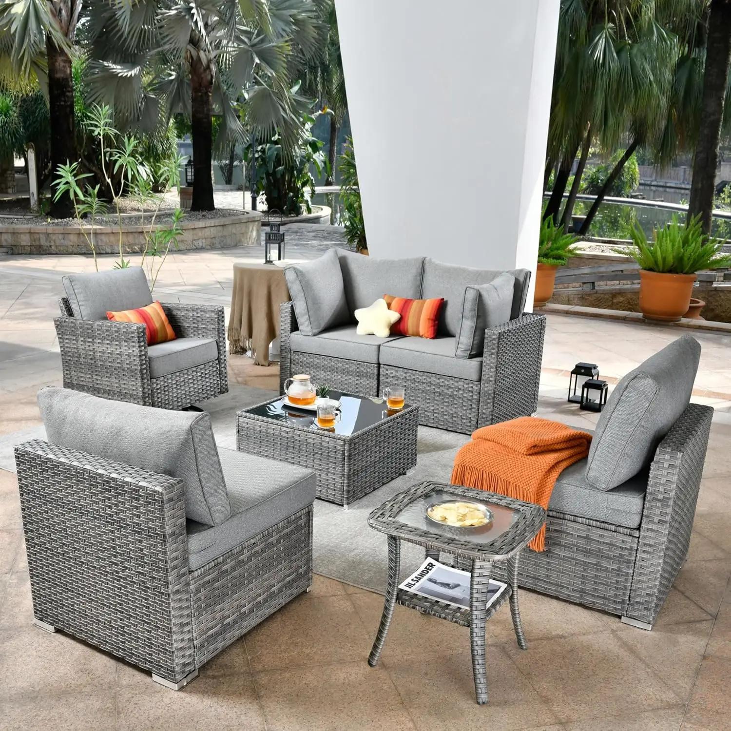 

Outdoor 7 Piece Coversation Set with Rocking Chair, Patio Furniture Set with Wicker Sofa,Modern Outside Couch for Balcony