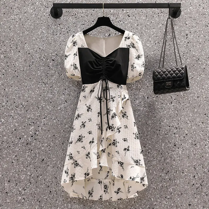 2022 Summer Women\'s Graceful Patchwork Print Ruffle Dress Lady Korean Elegant Shirring Chic A-Line Dresses Fashion Joker Gown