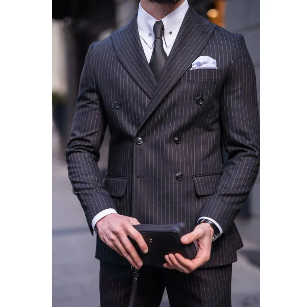 Chic Black Pinstripe Male Suit Slim Two Piece Fashion Business Casual Office Outfits Elegant Peak Lapel Double Breasted Suits