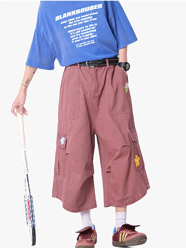 

Мужские летние повседневные брюки с красными цветочными аппликациями, прямые, широкие штанины, средняя посадка, с множеством карманов, для спорта и работы