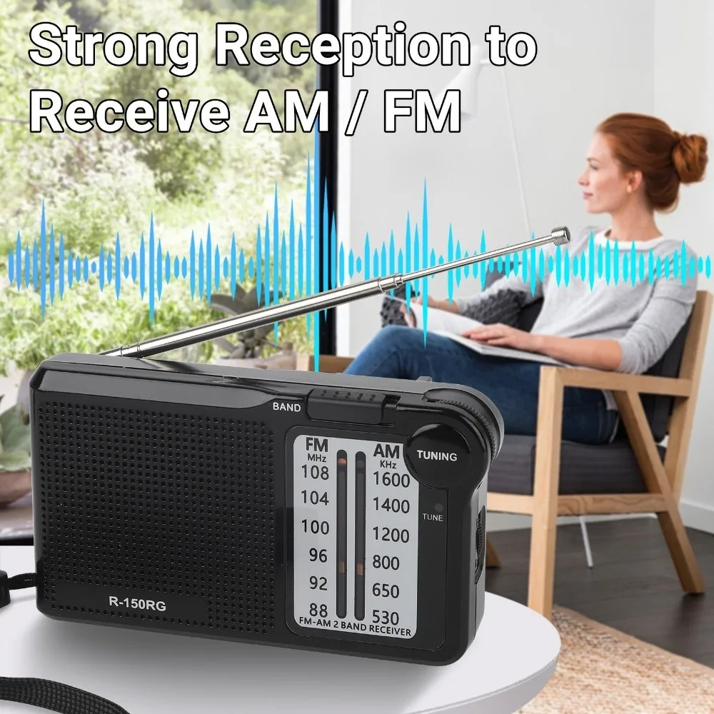 Radio Pointer 150RG AM/FM con Entrada para Auriculares, Receptor de Dos Bandas, Radio de Bolsillo Mini Recargable, Radio Pequeña para Camping
