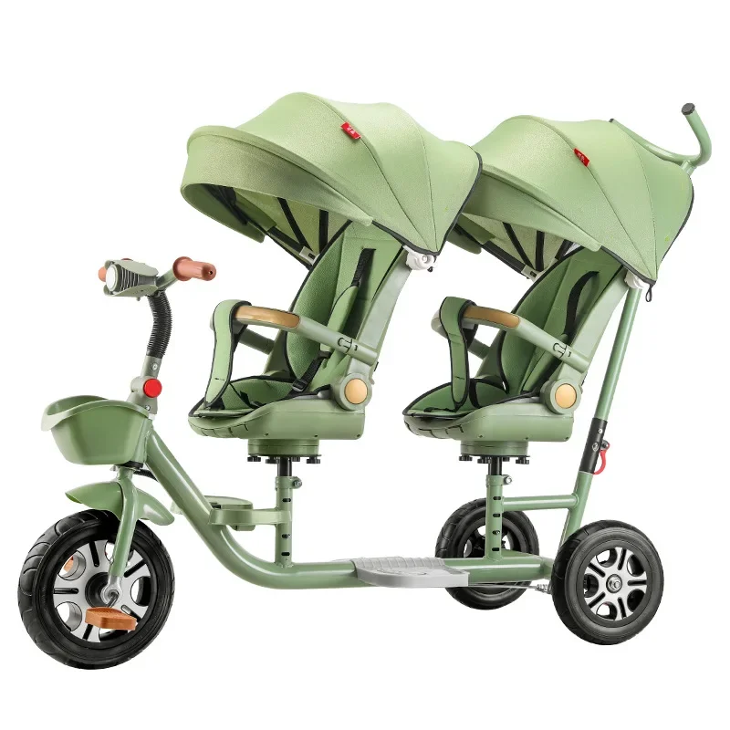 Triciclo infantil para duas pessoas, bicicleta com altura ajustável, reclinável, multifuncional, dobrável, leve