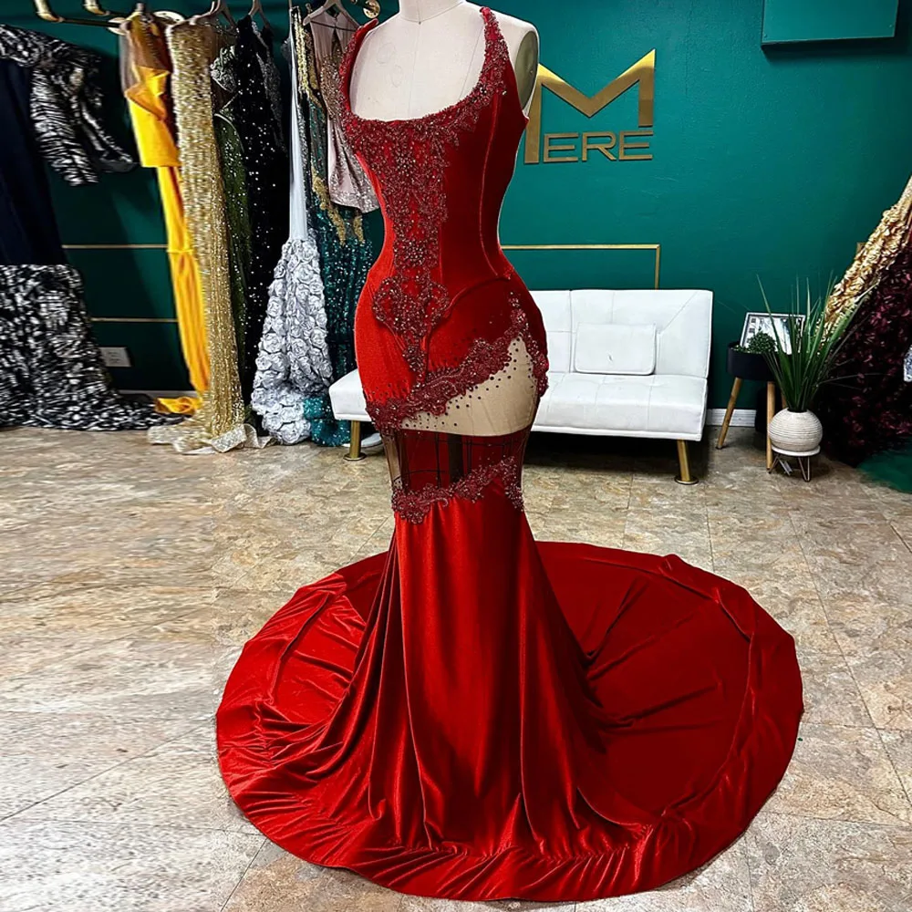 Luxuied Long Mermaid Dress Red Velvet O-neck Appliques Seuqins Woman Clothes See Through Open Back Evening Dresses Floor Length