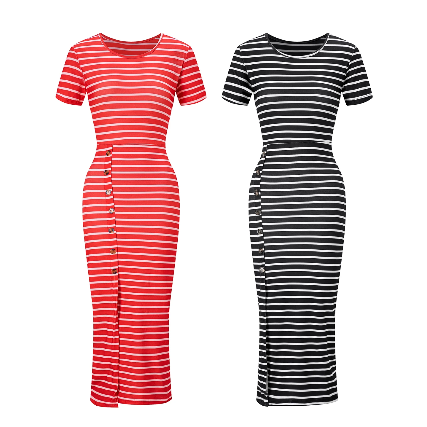 2026 Neues Europäisches und Amerikanisches Damenkleid mit Rundhalsausschnitt, Streifenmuster, Kurzen Ärmeln, Schlankmachendem Effekt und Seitenschlitz – Detail 8