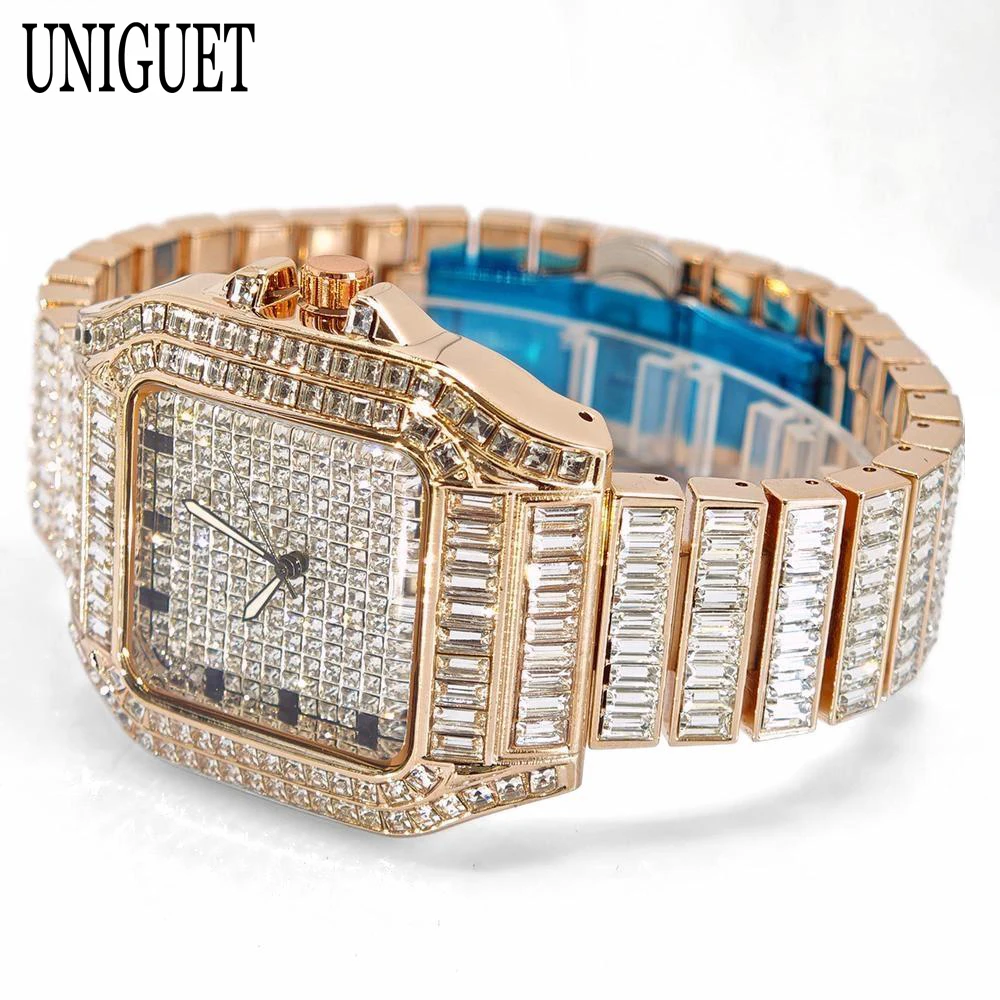 ساعة عصرية على شكل ثلج وردي للرجال فاخرة من الفولاذ المقاوم للصدأ ساعات كوارتز مربعة للرجال هيب هوب مستطيلة الماس AAA ساعة يد مجوهرات