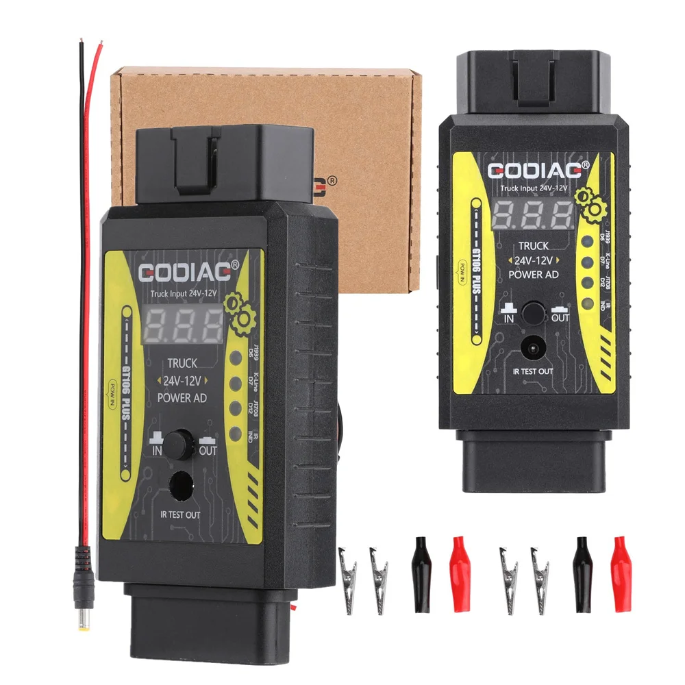 

Комплект из 2 штук: GODIAG GT106 PLUS 24В-12В адаптер для грузовиков, для очистки и тестирования топливных форсунок, тестирования реле для легковых и грузовых автомобилей