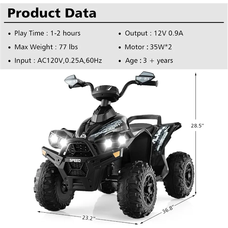 ATV 12V 四輪クワッドおもちゃ車両、音楽、ホーン、高速・低速、LEDライト付き、電動乗用玩具、バッテリー駆動