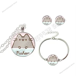 3PCS Pusheen Girl Anime Fashion Jewelry Set Kids Cartoon Necklace Cute Bracelet Kawaii Earrings Charms Accessories Birthday Gift