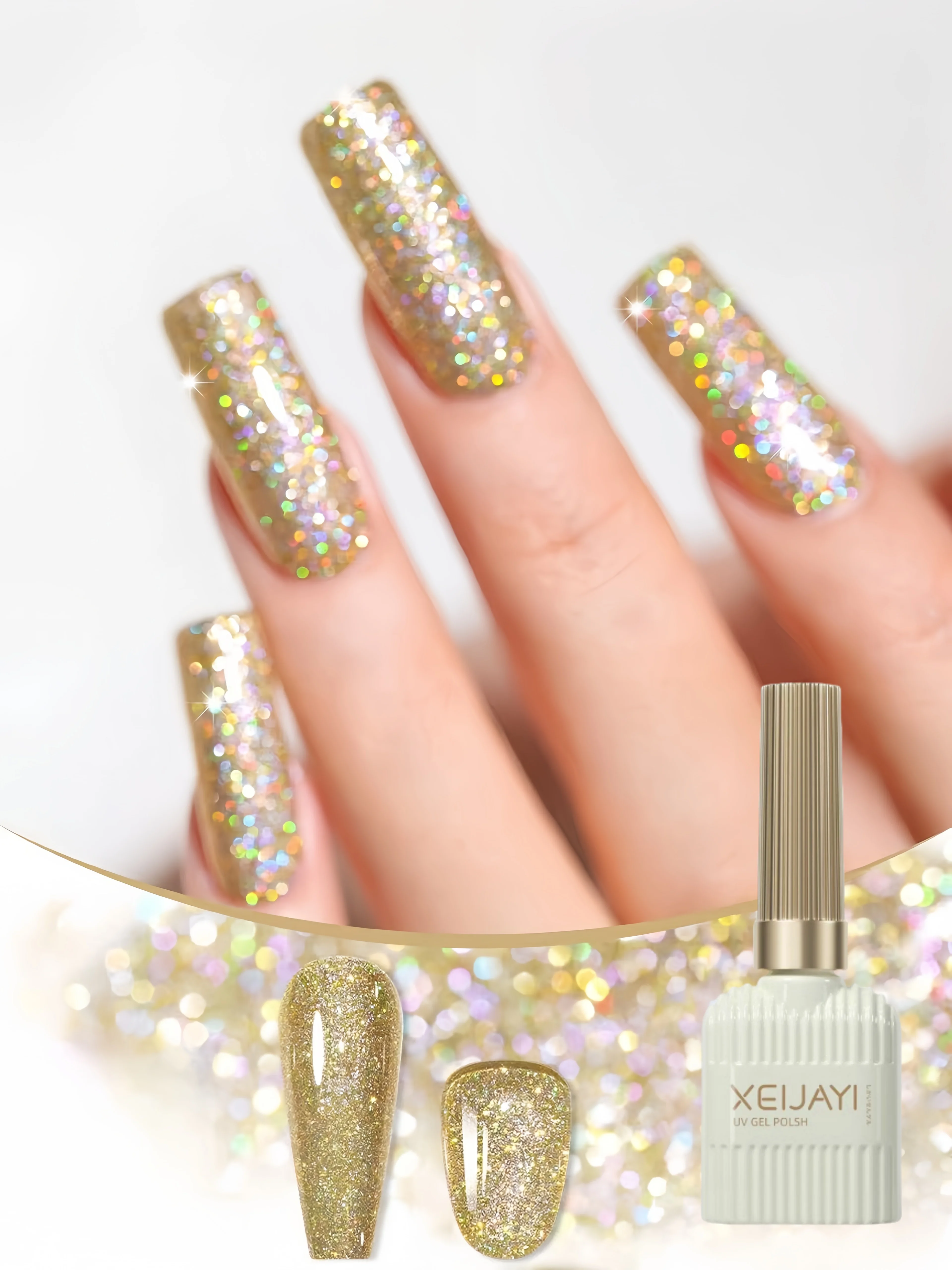 XEIJAYI Champagner Gold Nagelgelpoliermittel Hybridlack Semi Permanent Nail Art Top Base Coat Nagellack UV/LED-Lampe Langlebig