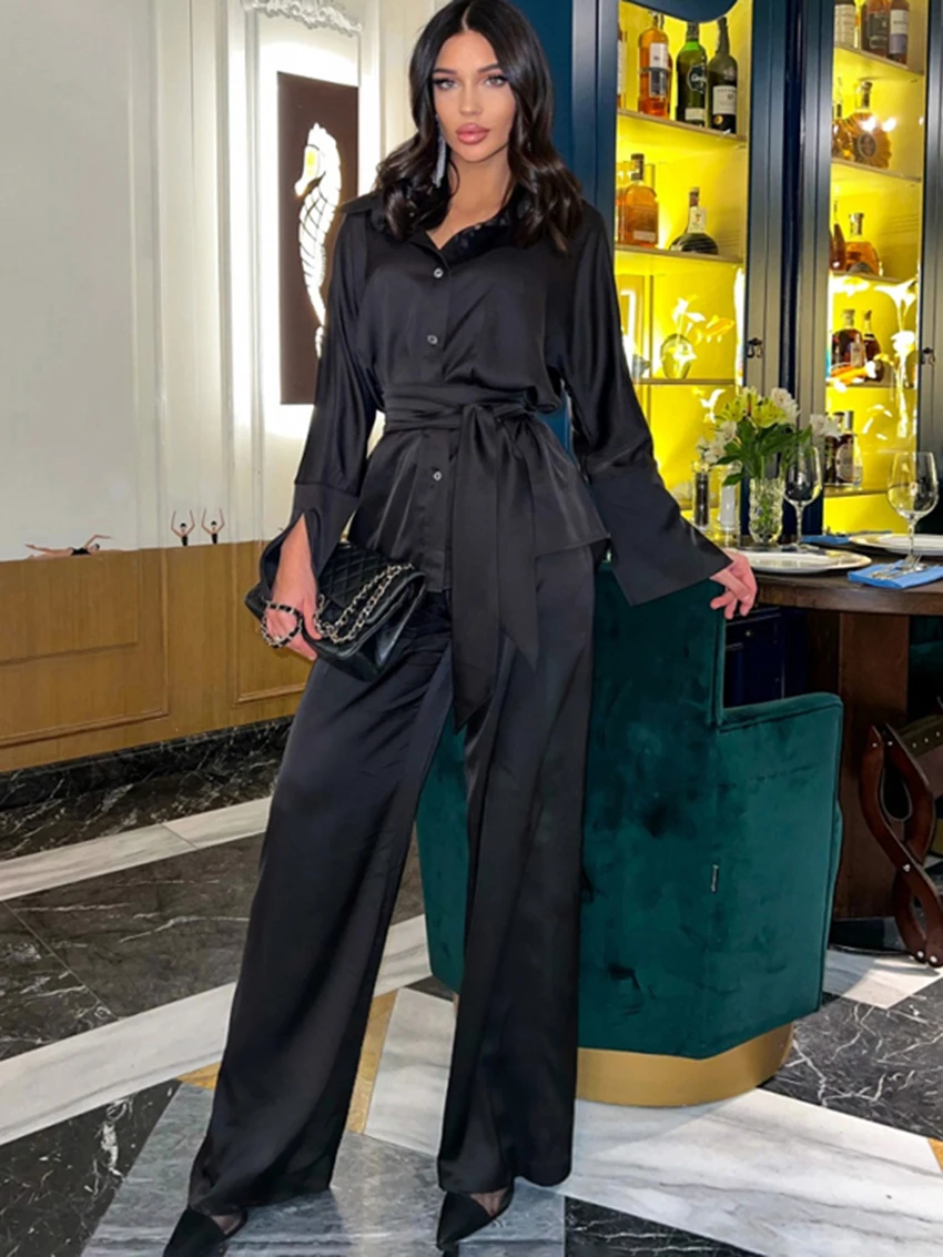 Marthaqiqi-Conjunto de ropa de dormir a la moda para mujer, pijama de manga larga con cuello vuelto, camisón con cordones, pantalones, camisón para mujer